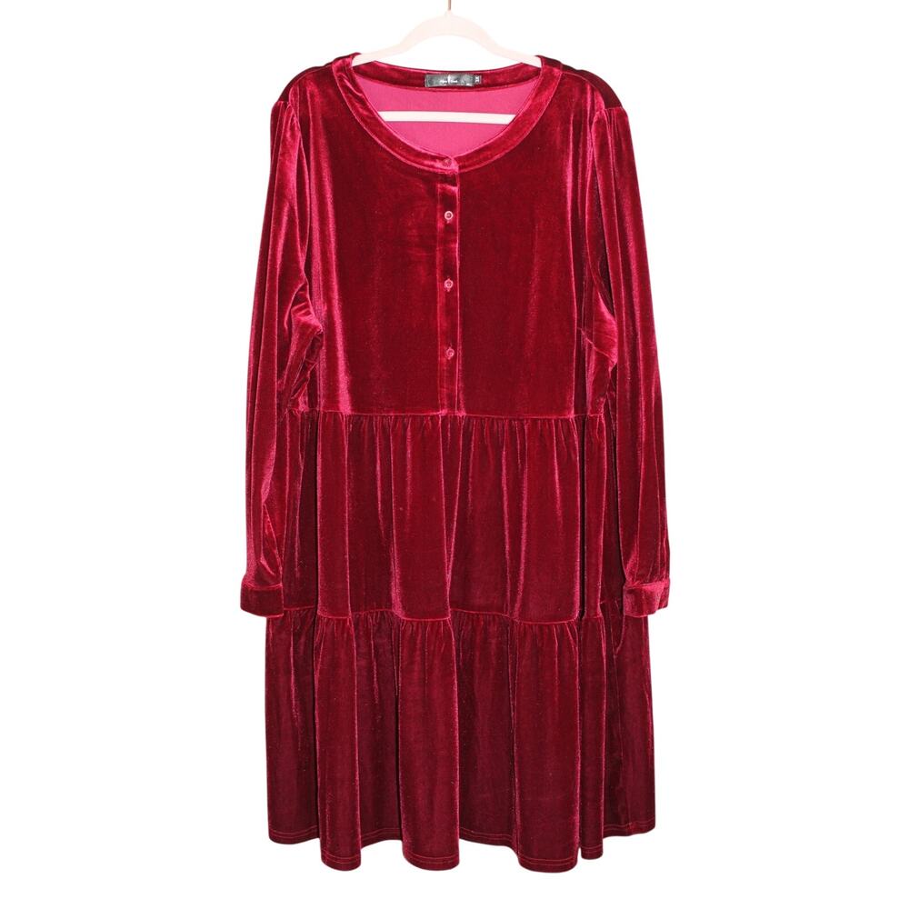 Agnes Orindo Red Velvet A-line Tiered Shift Baby Doll Henley Style Mini Dress 3X